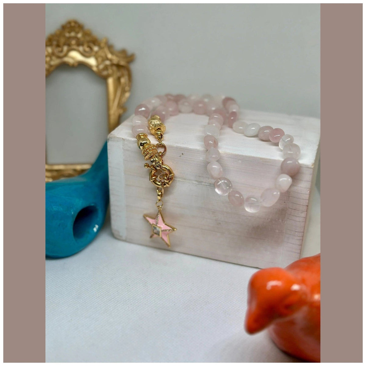 Daphne Pink Quartz Necklace w Star - Penelope Made This