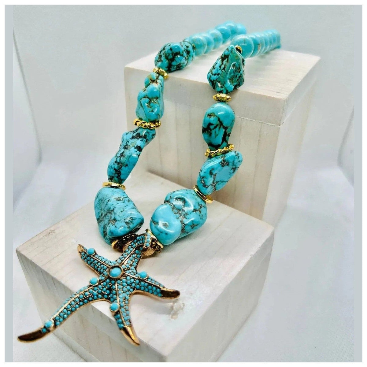 Turquoise gemstone necklace with gold starfish pendant