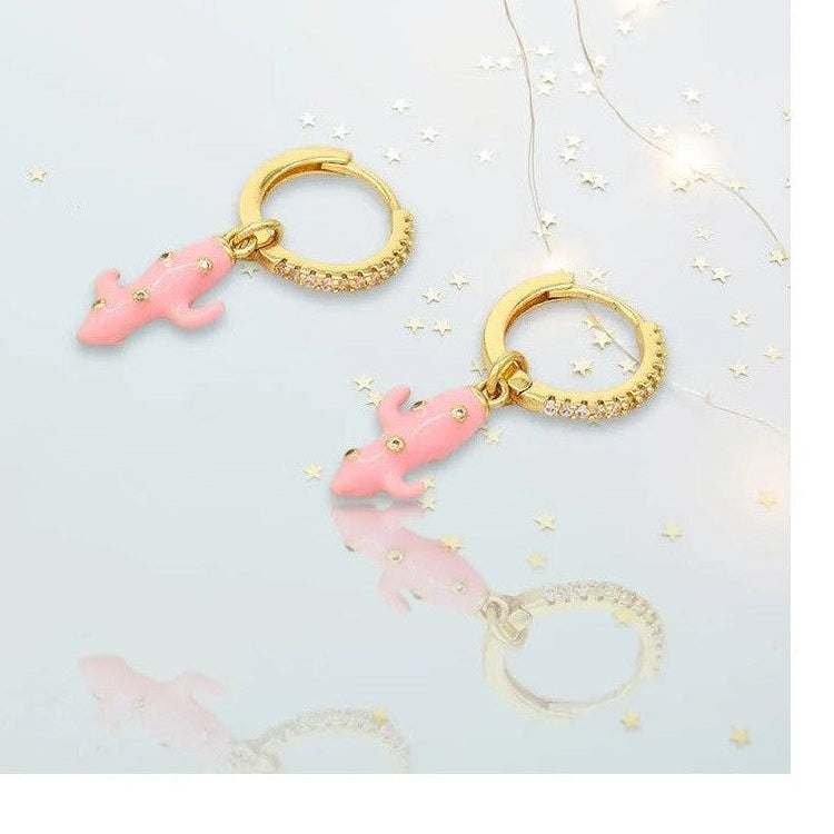 Pink lizard charm gold huggie hoop earrings