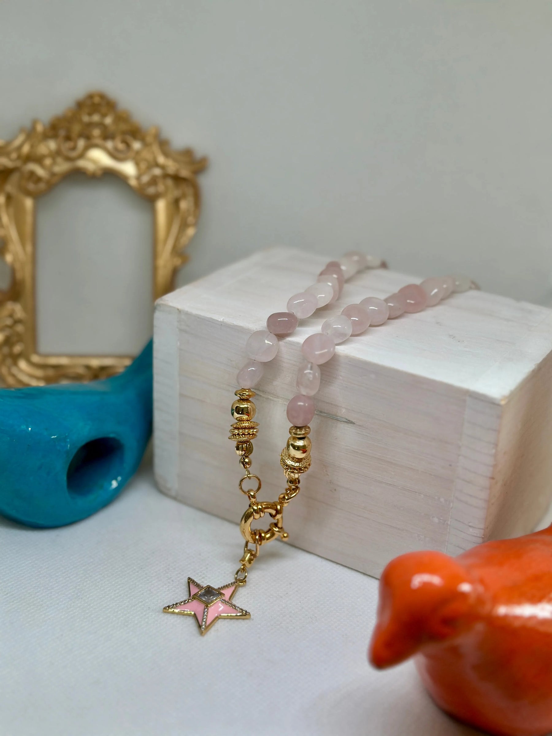 Daphne Pink Quartz Necklace w Star - Penelope Made This
