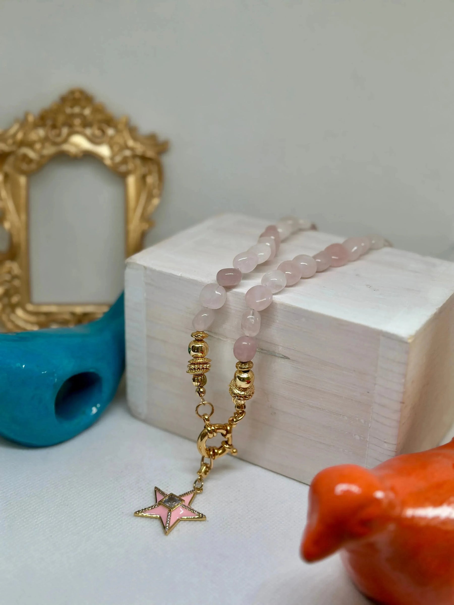 Daphne Pink Quartz Necklace w Star - Penelope Made This