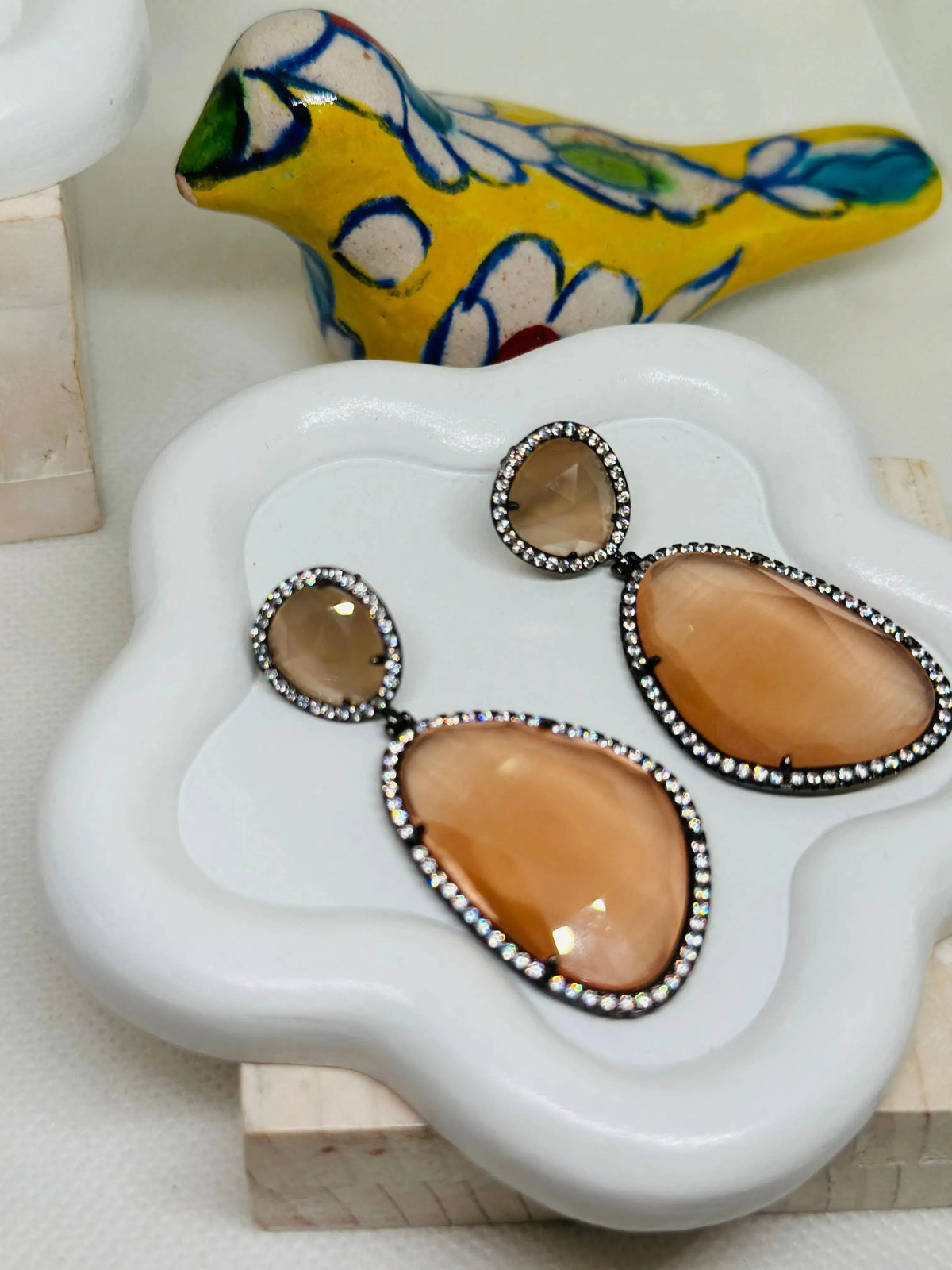 Helena Gunmetal Fuzzy Peach Dangling Crystal Earrings - Penelope Made This