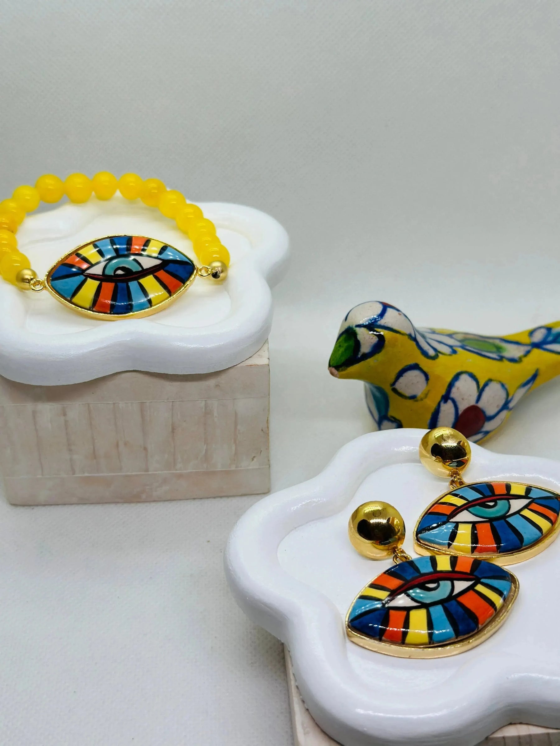 Iris Hand Painted Yellow Ceramic Earring and Bracelet Set - Penelope Made This