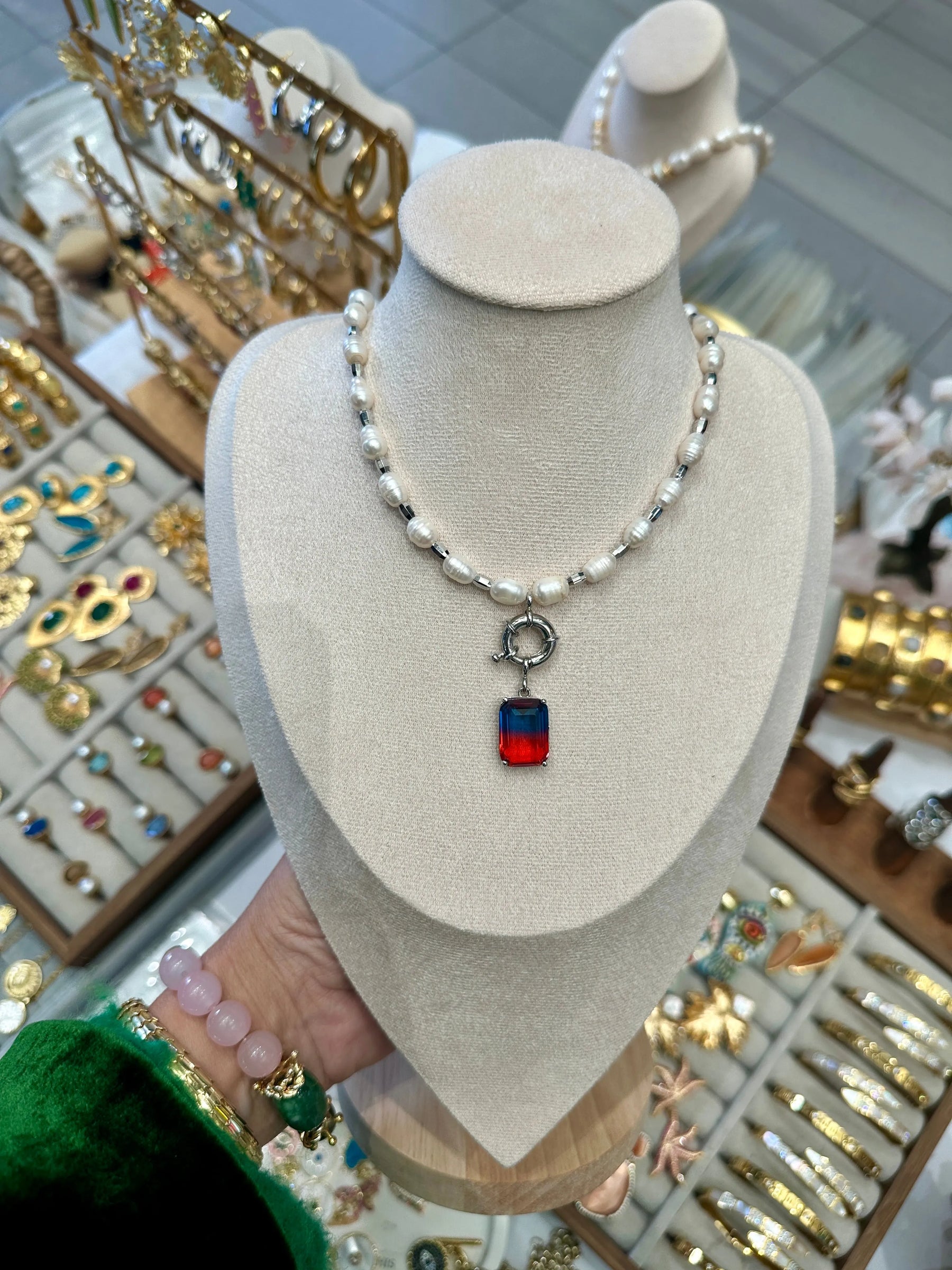 Roxana Rhodium Pearl Necklace - Blue and Red Crystal - Penelope Made This