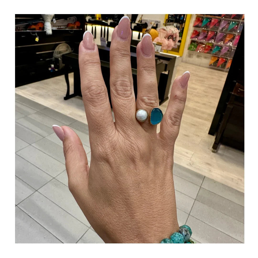 Aura Adjustable Onyx and Fresh Water Pearl Ring