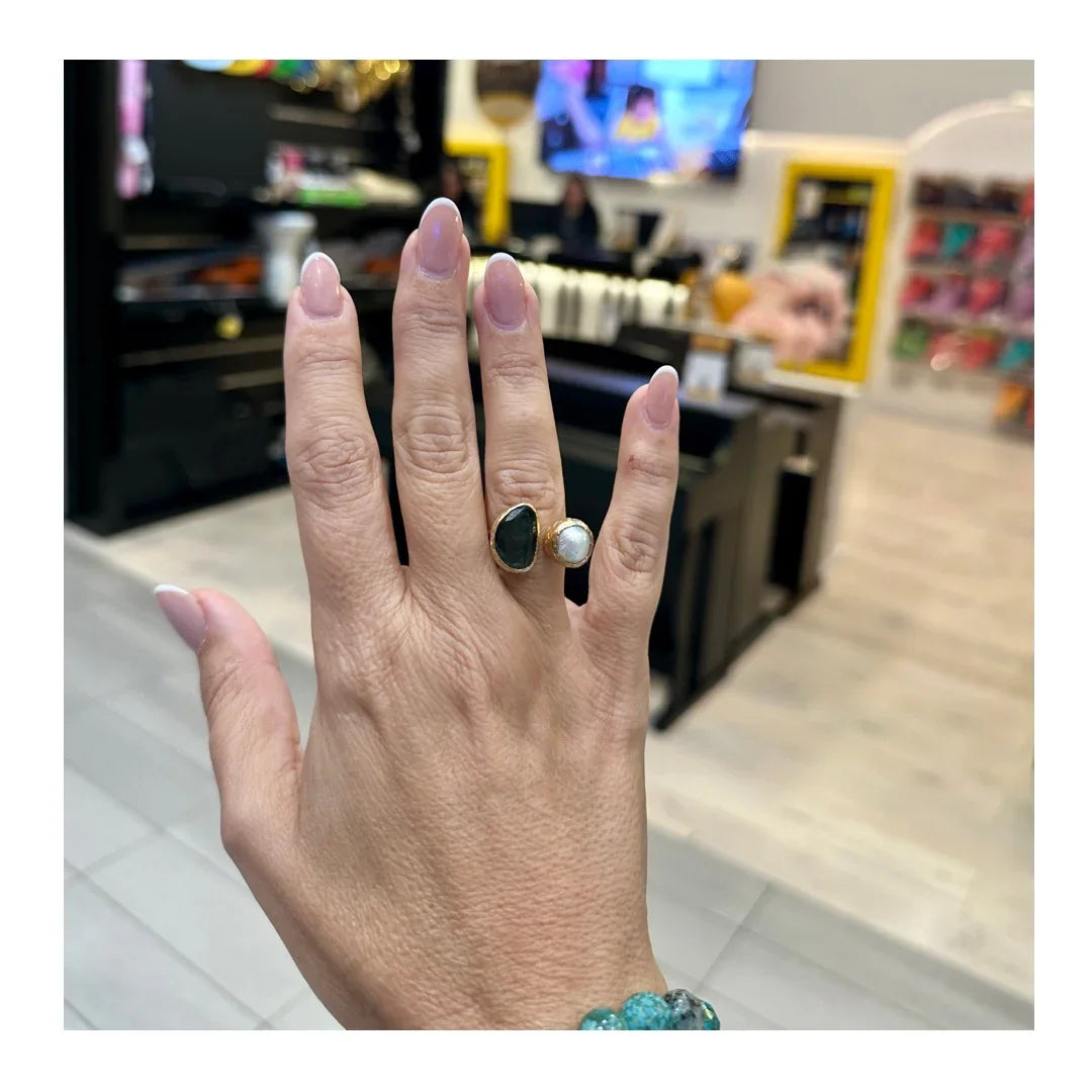 Aura Adjustable Onyx and Fresh Water Pearl Ring