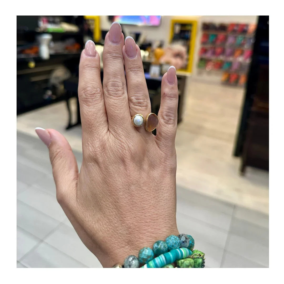 Aura Adjustable Onyx and Fresh Water Pearl Ring