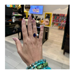 Aura Adjustable Onyx and Fresh Water Pearl Ring 18 K Gold Plated