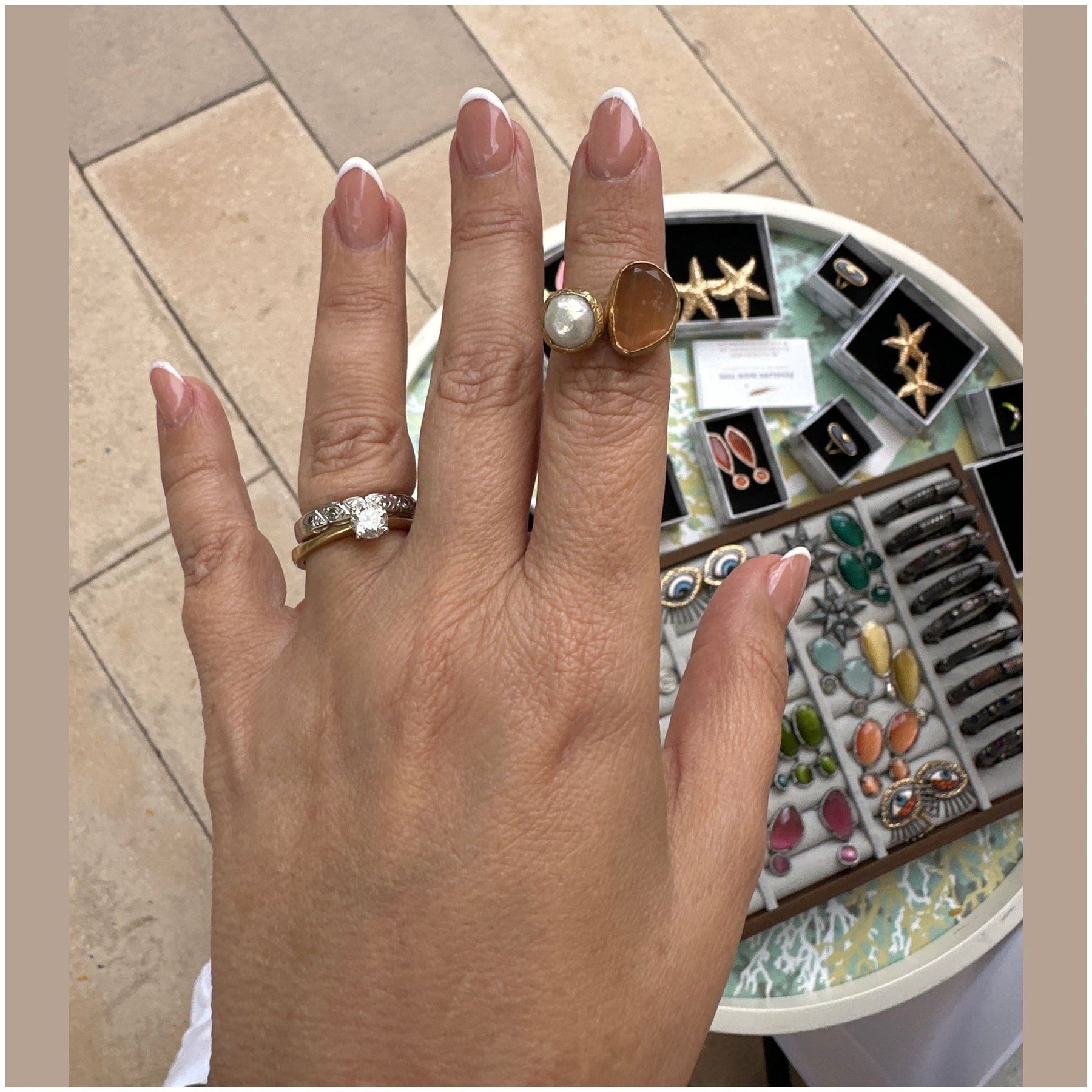 Aura Adjustable Onyx and Fresh Water Pearl Ring 18 K Gold Plated