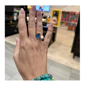 Aura Adjustable Onyx and Fresh Water Pearl Ring 18 K Gold Plated