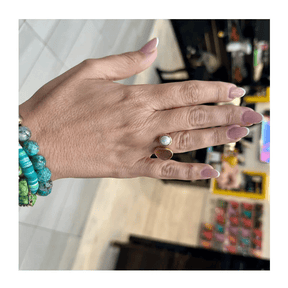 Aura Adjustable Onyx and Fresh Water Pearl Ring 18 K Gold Plated