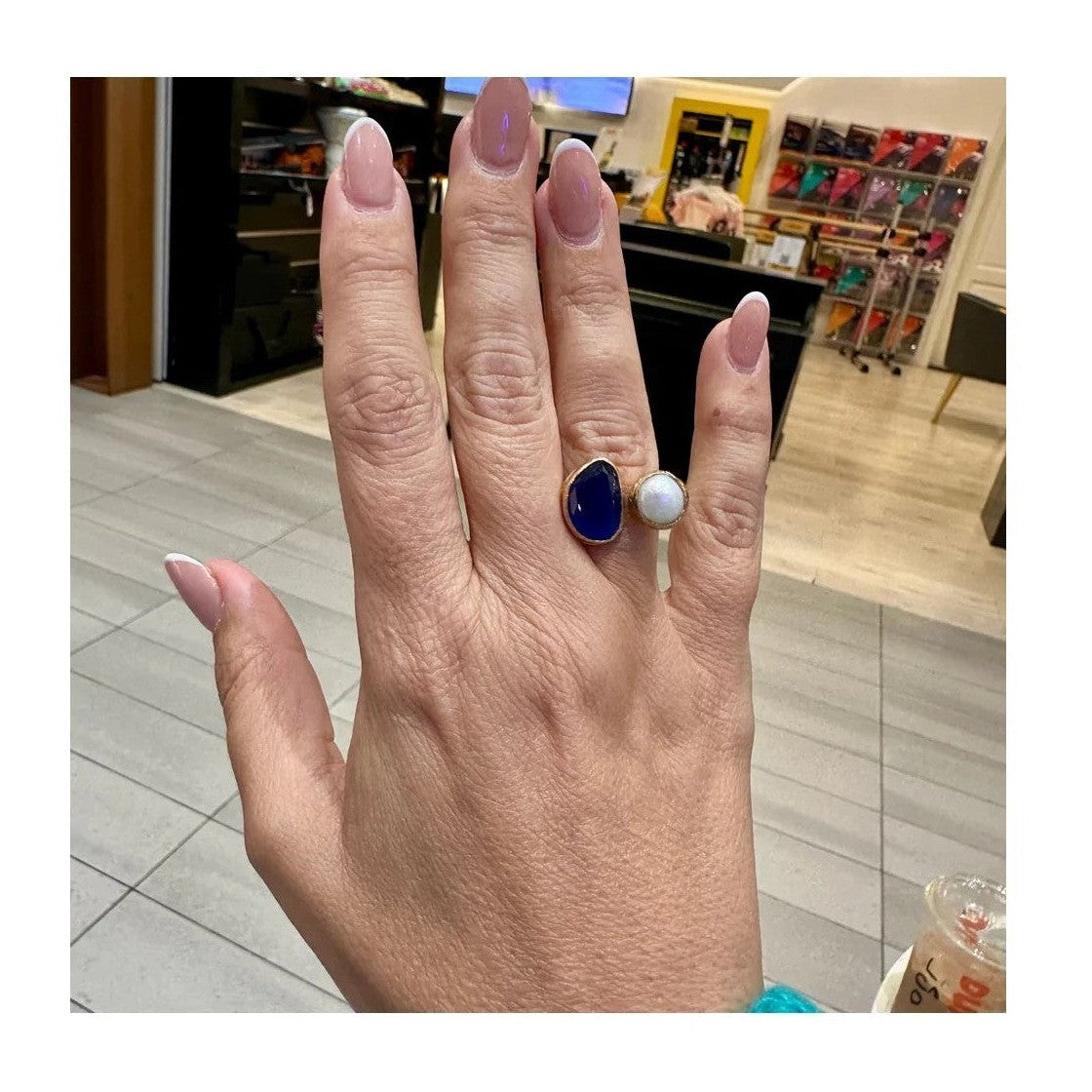 Aura Adjustable Onyx and Fresh Water Pearl Ring 18 K Gold Plated