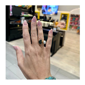 Aura Adjustable Onyx and Fresh Water Pearl Ring 18 K Gold Plated