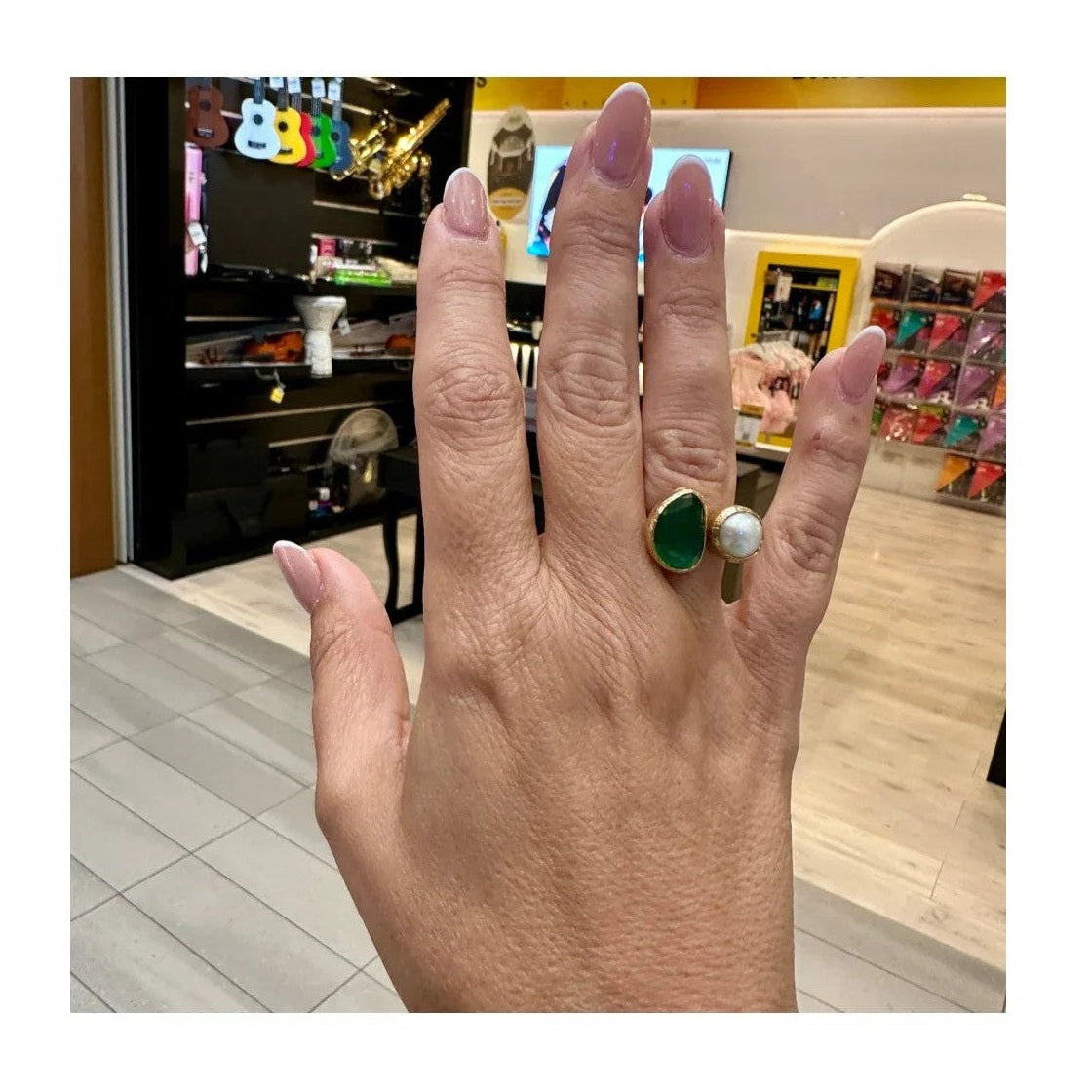 Aura Adjustable Onyx and Fresh Water Pearl Ring 18 K Gold Plated