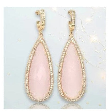Pink teardrop crystal clip-on earrings with gold plating and cubic zirconia pave