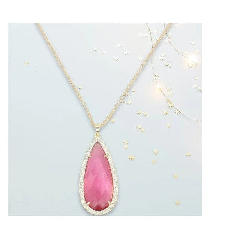 Beatrice XL Teardrop Pendant necklace with hot pink stone and gold plating