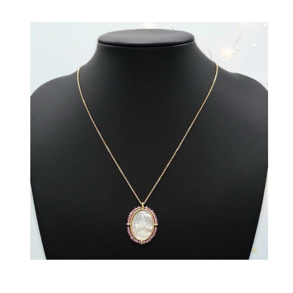 Our Lady of Medjugorje pendant with mother of pearl and pink crystals