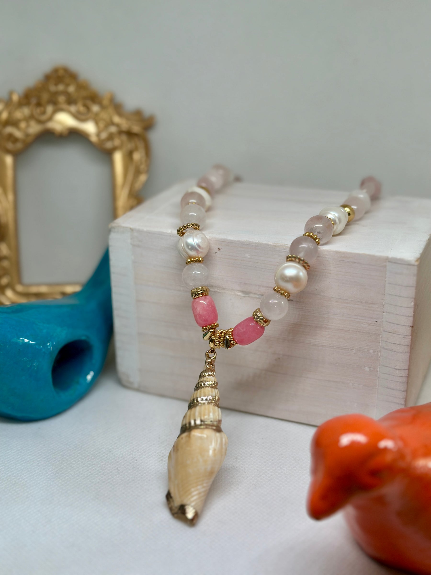 Daphne Pink Quartz Necklace w Starfish or Shell