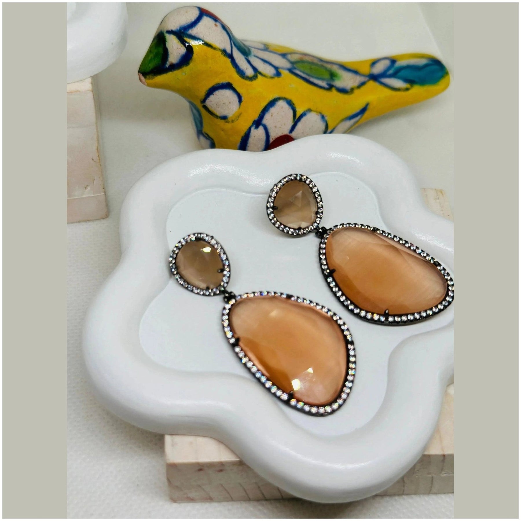 Helena Gunmetal Fuzzy Peach Dangling Crystal Earrings - Penelope Made This 