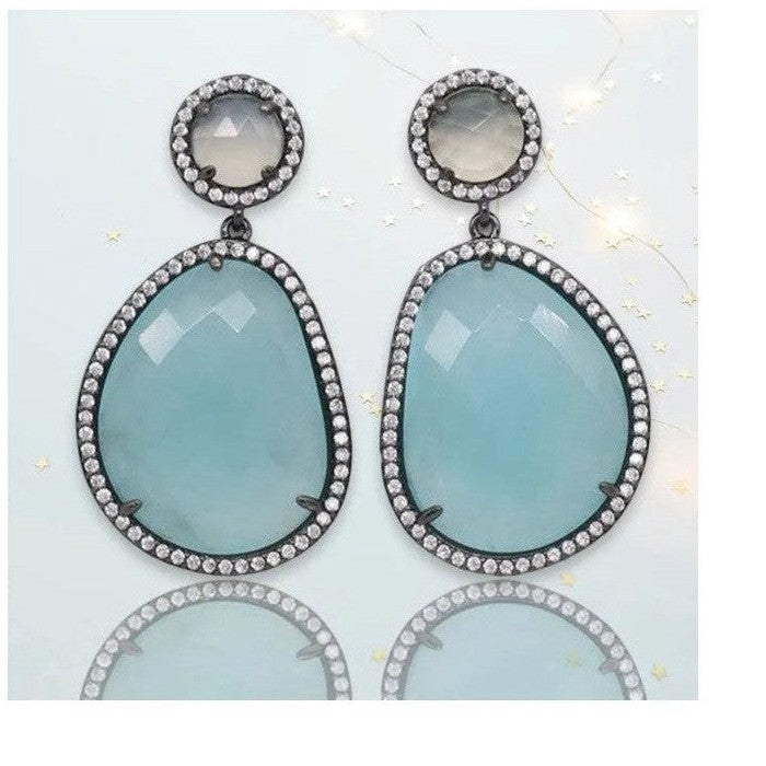 Gunmetal crystal earrings with grey agate and aqua blue teardrops