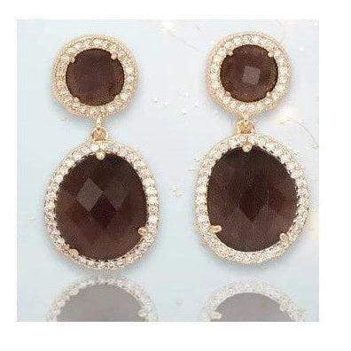 Hera gold plated crystal earrings with dark brown faceted stones and cubic zirconia halo