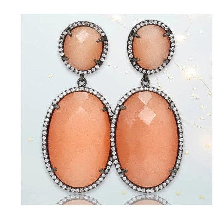Hermione peach stacked oval stone dangling crystal earrings