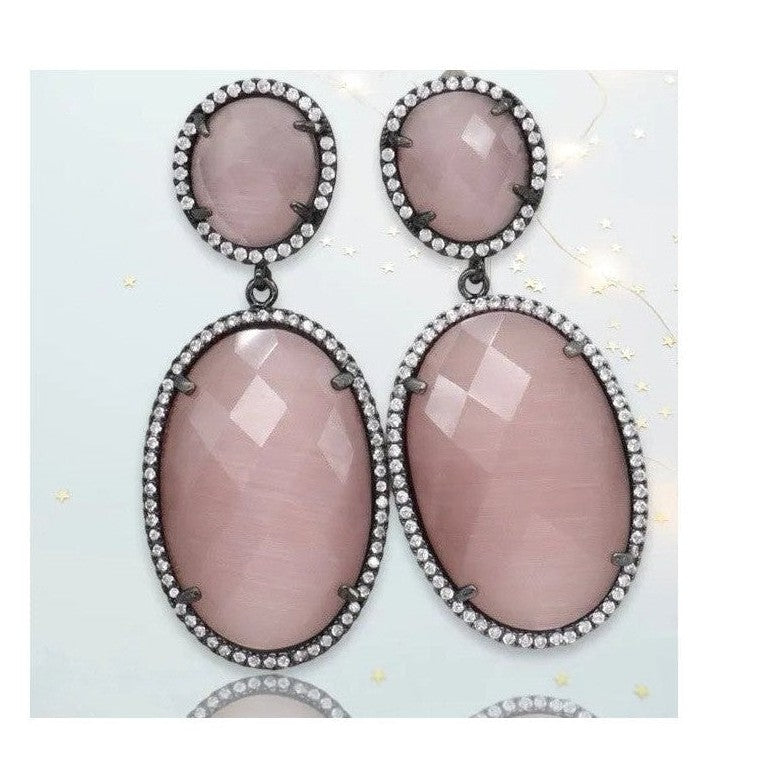 Hermione gunmetal dangling crystal earrings with pink oval stones