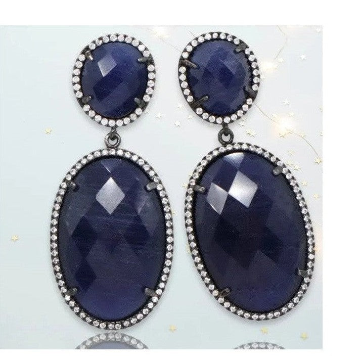 Hermione deep blue faceted oval dangling crystal earrings