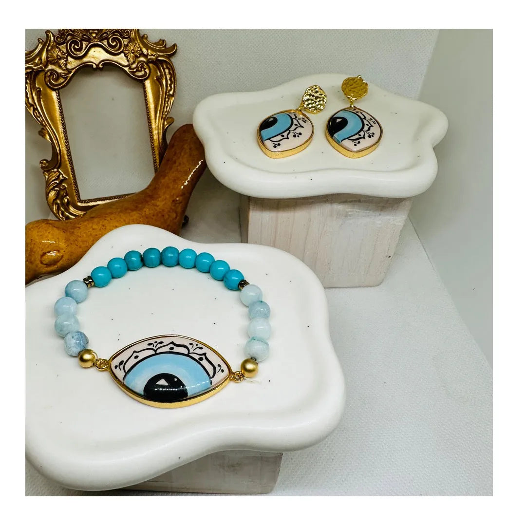 Iris Hand Painted Blue Grey Ceramic Earring and Bracelet Set