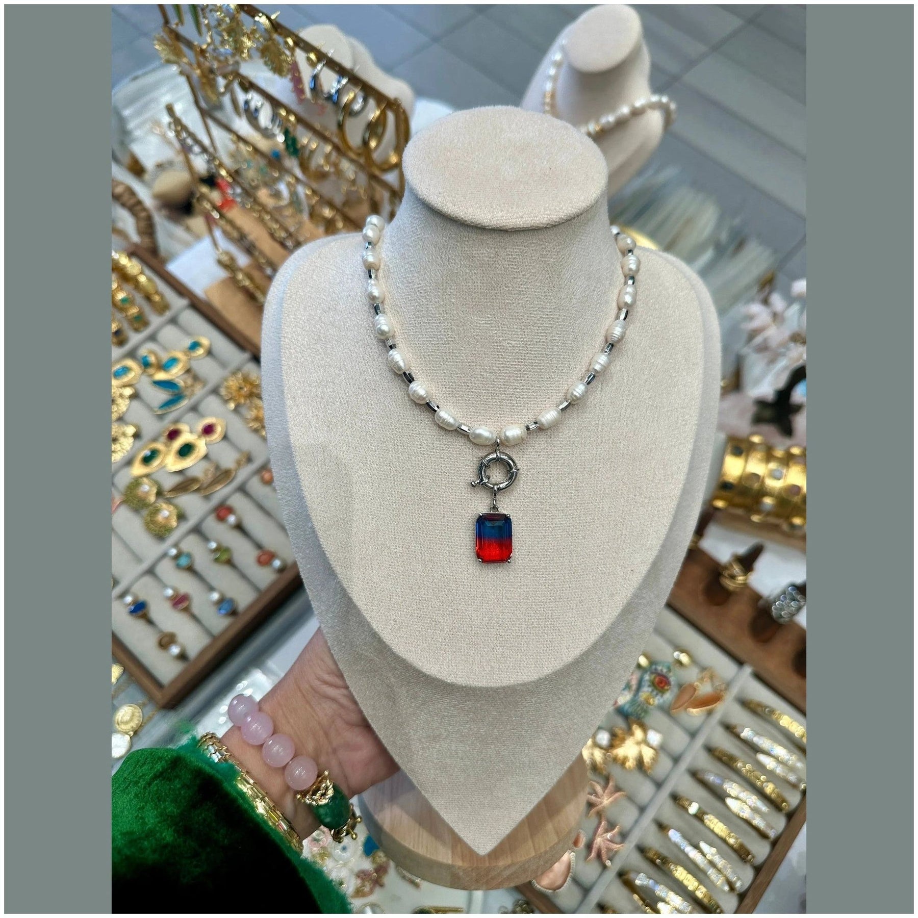 Roxana Rhodium Pearl Necklace - Blue and Red Crystal - Penelope Made This 
