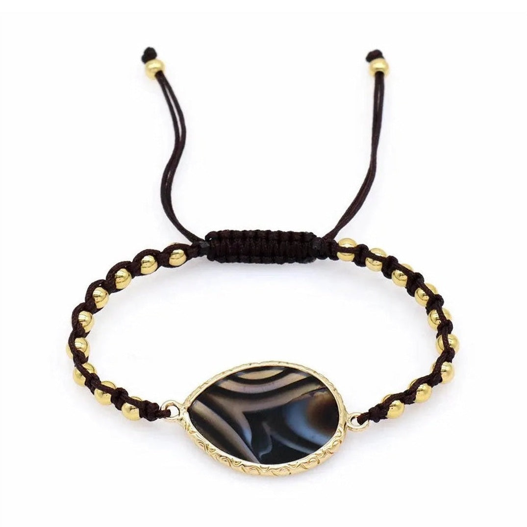 Black agate teardrop stone macrame bracelet with gold beads