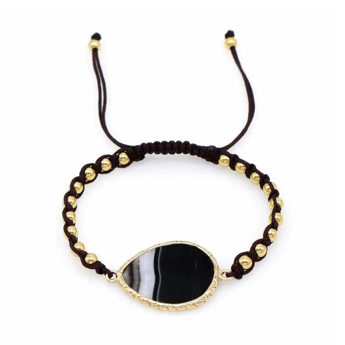 Adjustable black stone macrame bracelet with ornate gold frame