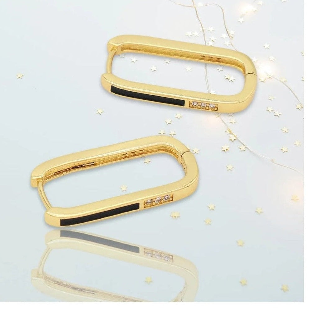 Black enamel stripe gold rectangular hoop earrings with gems