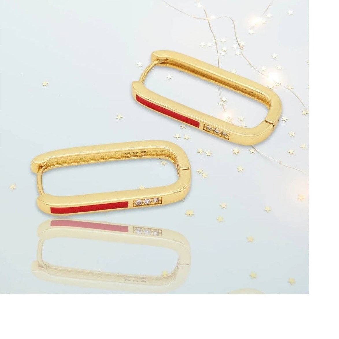 Red enamel stripe gold rectangular hoop earrings with gem detail