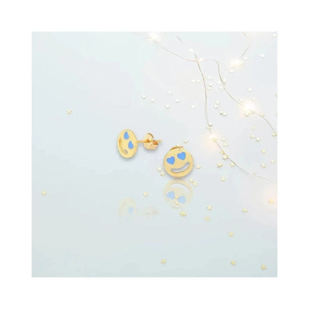 Blue heart eye smiley face gold tone stud earrings
