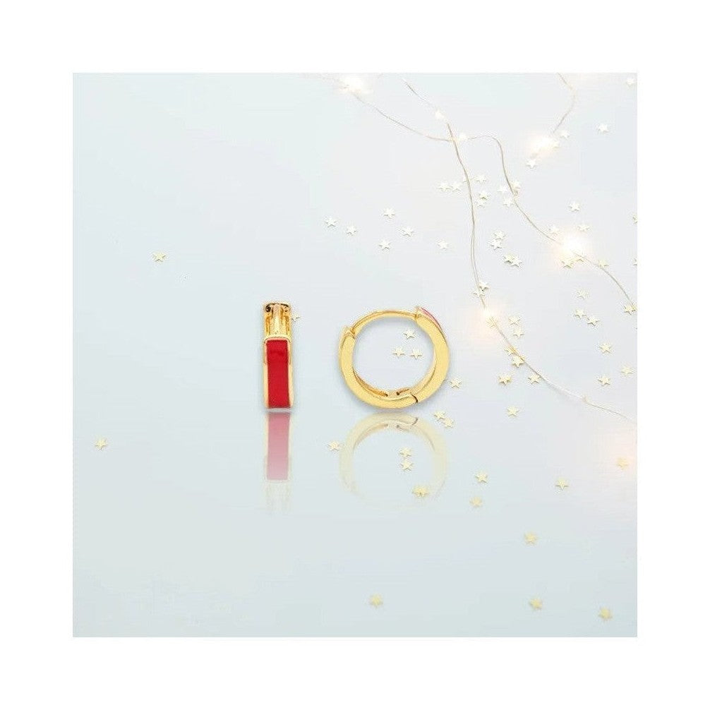Red enamel inlay gold huggie hoop earrings