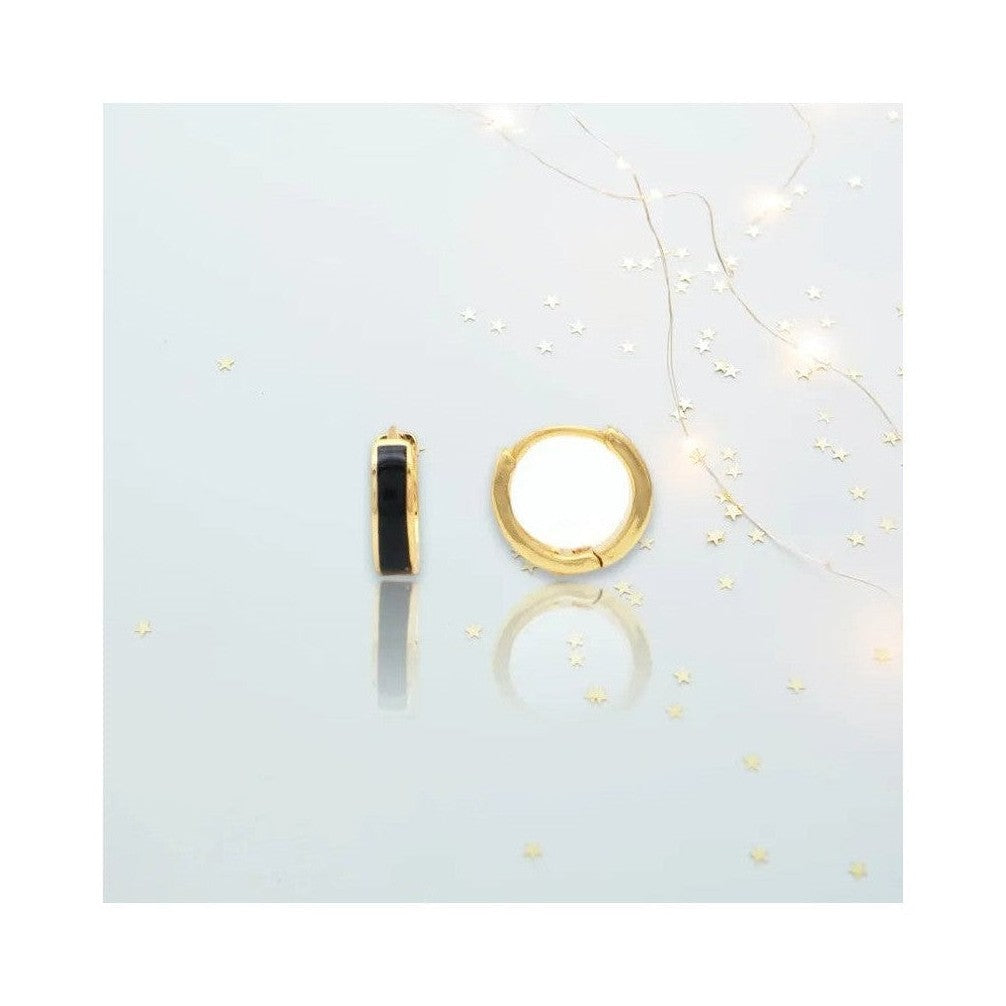 Black enamel inlay gold huggie hoop earrings