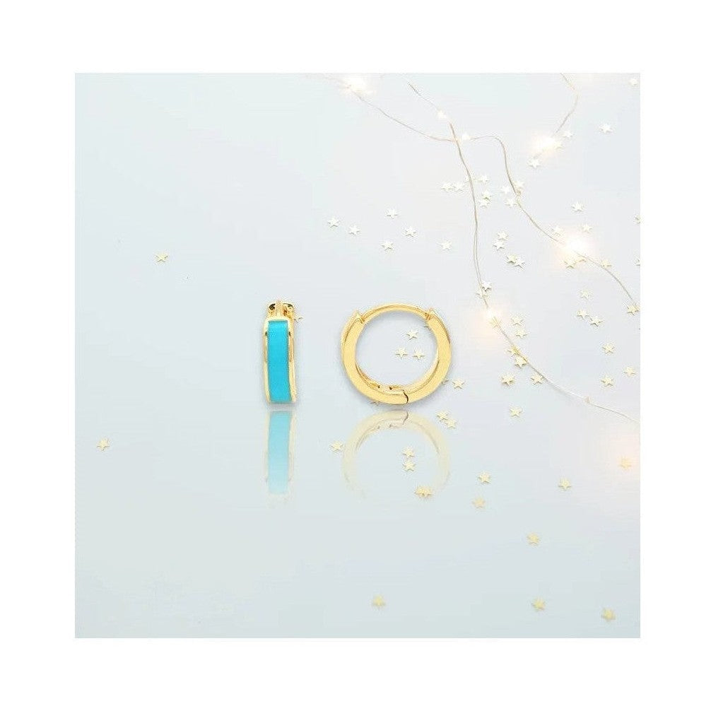 Turquoise enamel inlay gold huggie hoop earrings