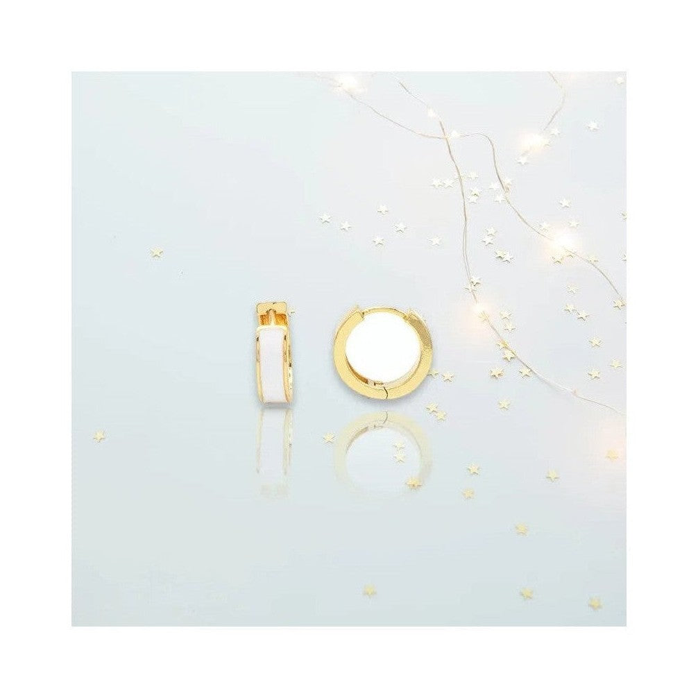 White enamel inlay small gold huggie hoops