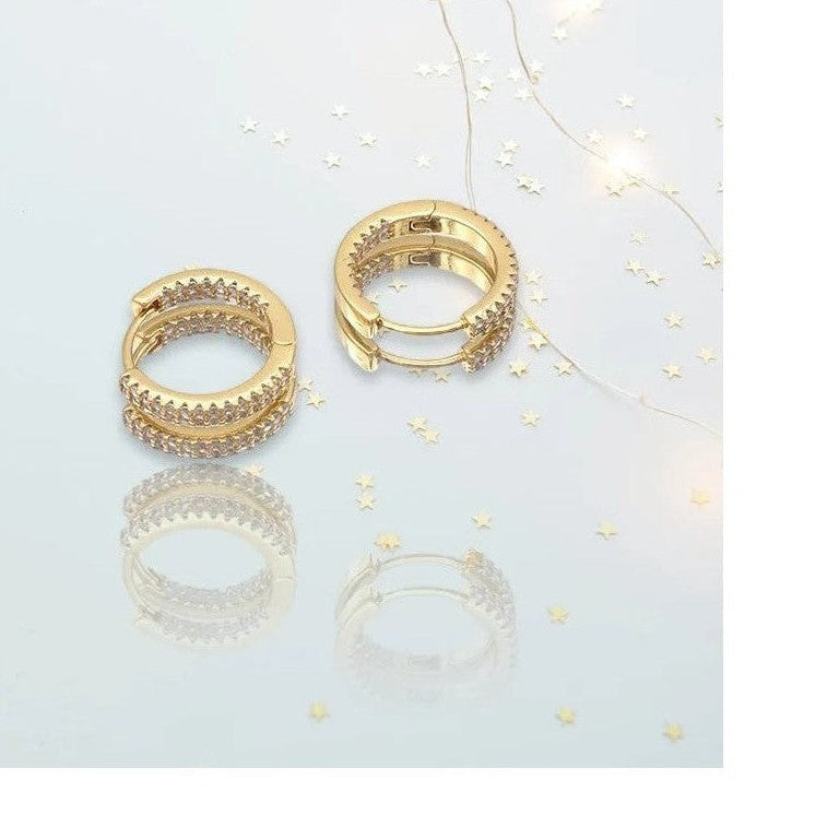 Two-row clear crystal embedded gold huggie hoops