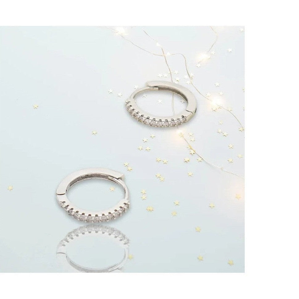 Silver hinge hoop earrings with stone accent