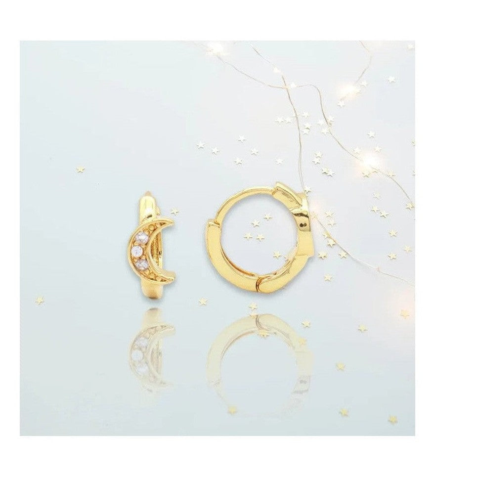 Gold huggie hoops with dangling moon charm