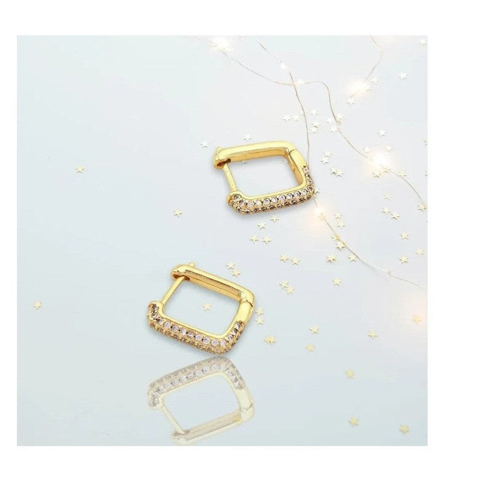 Square gold hoop earrings with rhinestone detail