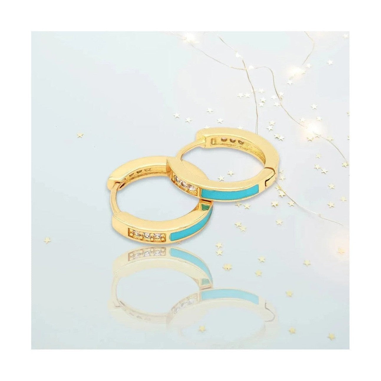 Turquoise enamel inlay gold huggie hoops