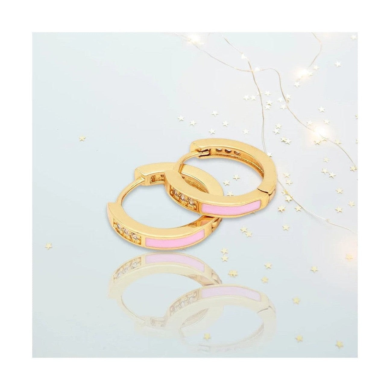 Pink enamel inlay and stone accent gold hoops