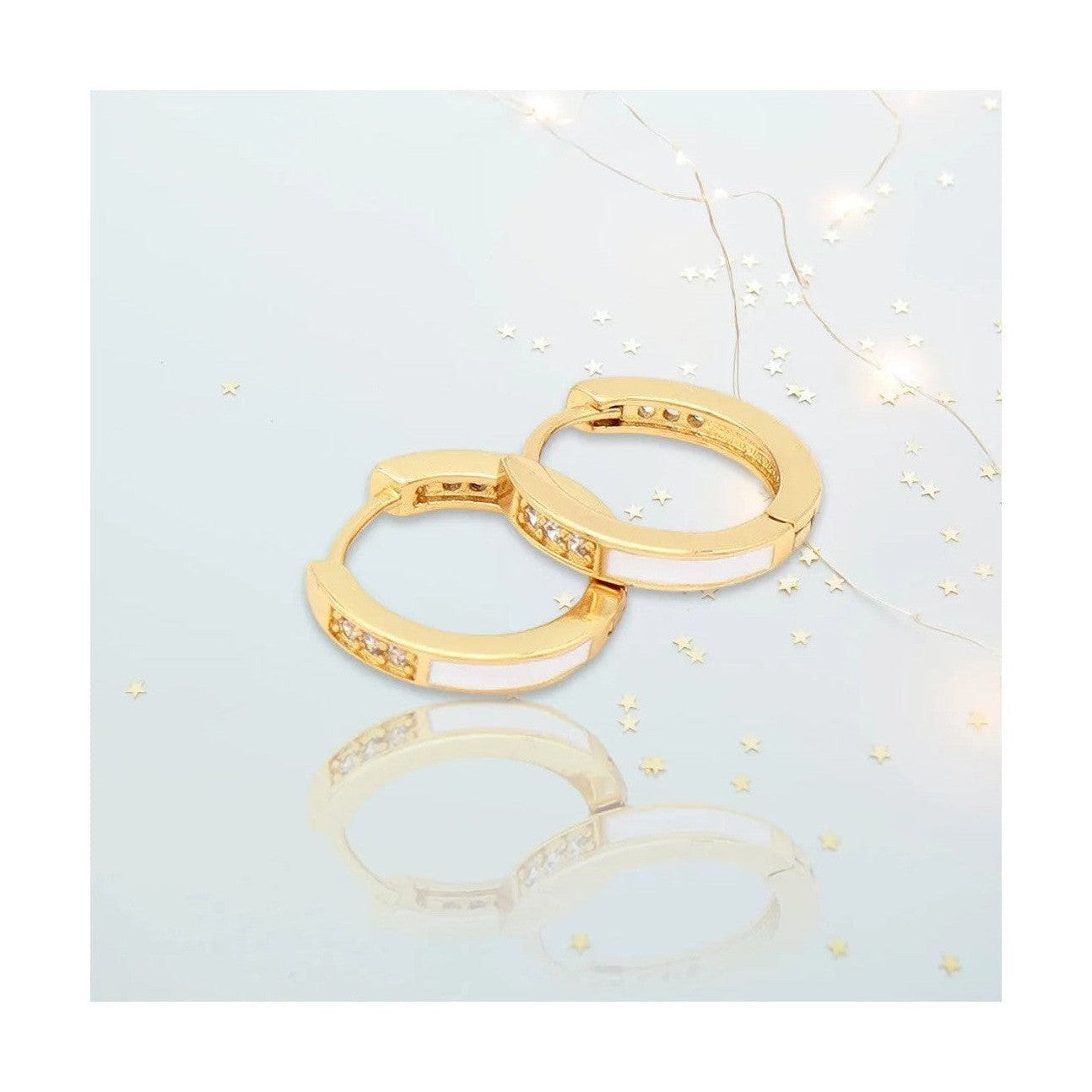 White inlay and crystal section gold huggie hoops