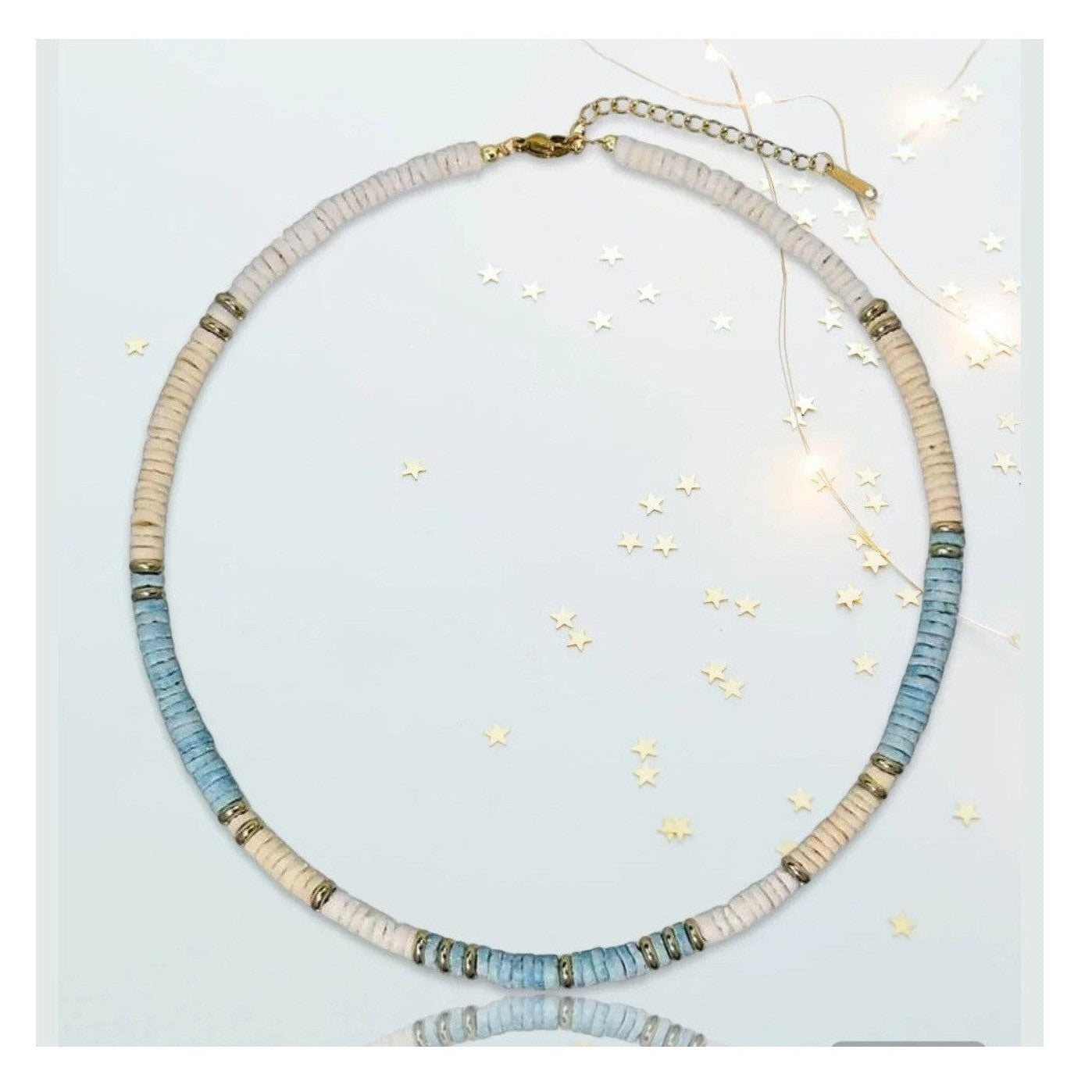 White and light blue beaded choker with gold rings