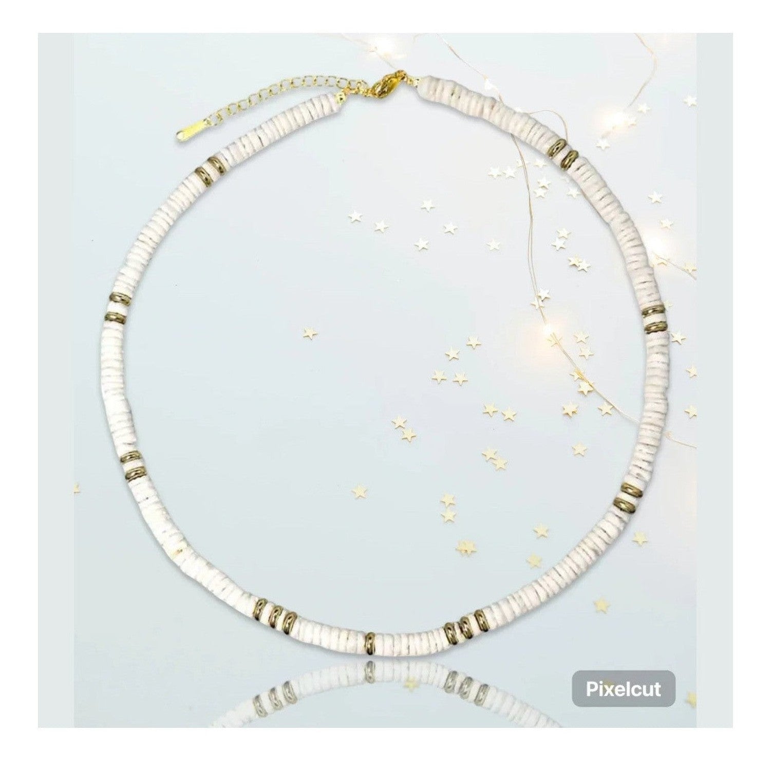 White stacked disc bead choker with gold ring accents