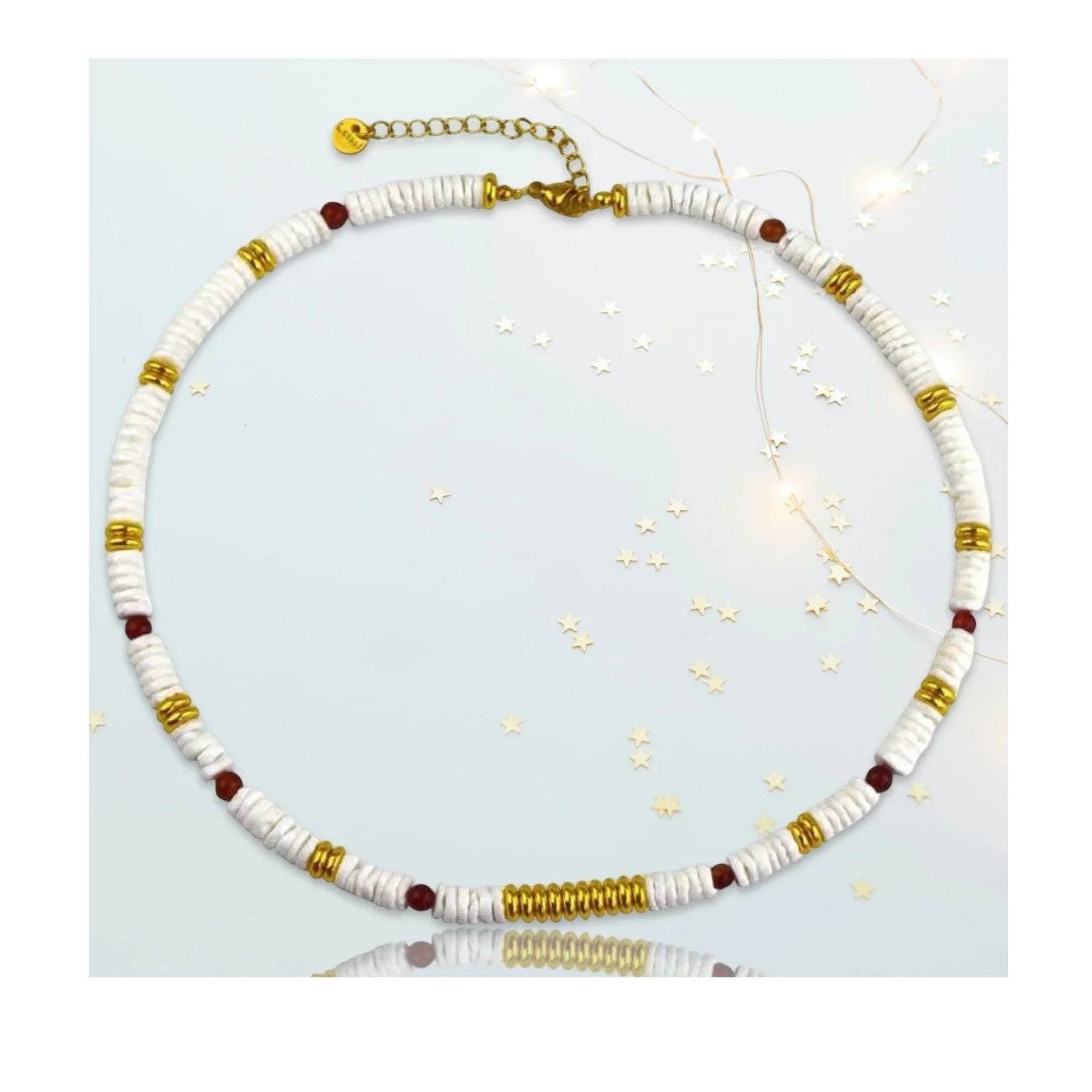 White disc bead necklace with gold coils and brown beads