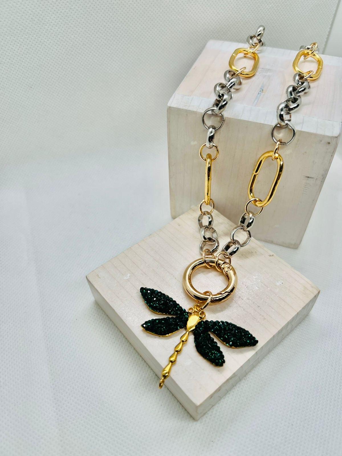 CICI Dragon Fly Necklace | Green Crystal Pendant | 18K Gold Plated | Rhodium Plated - Penelope Made This Inc.